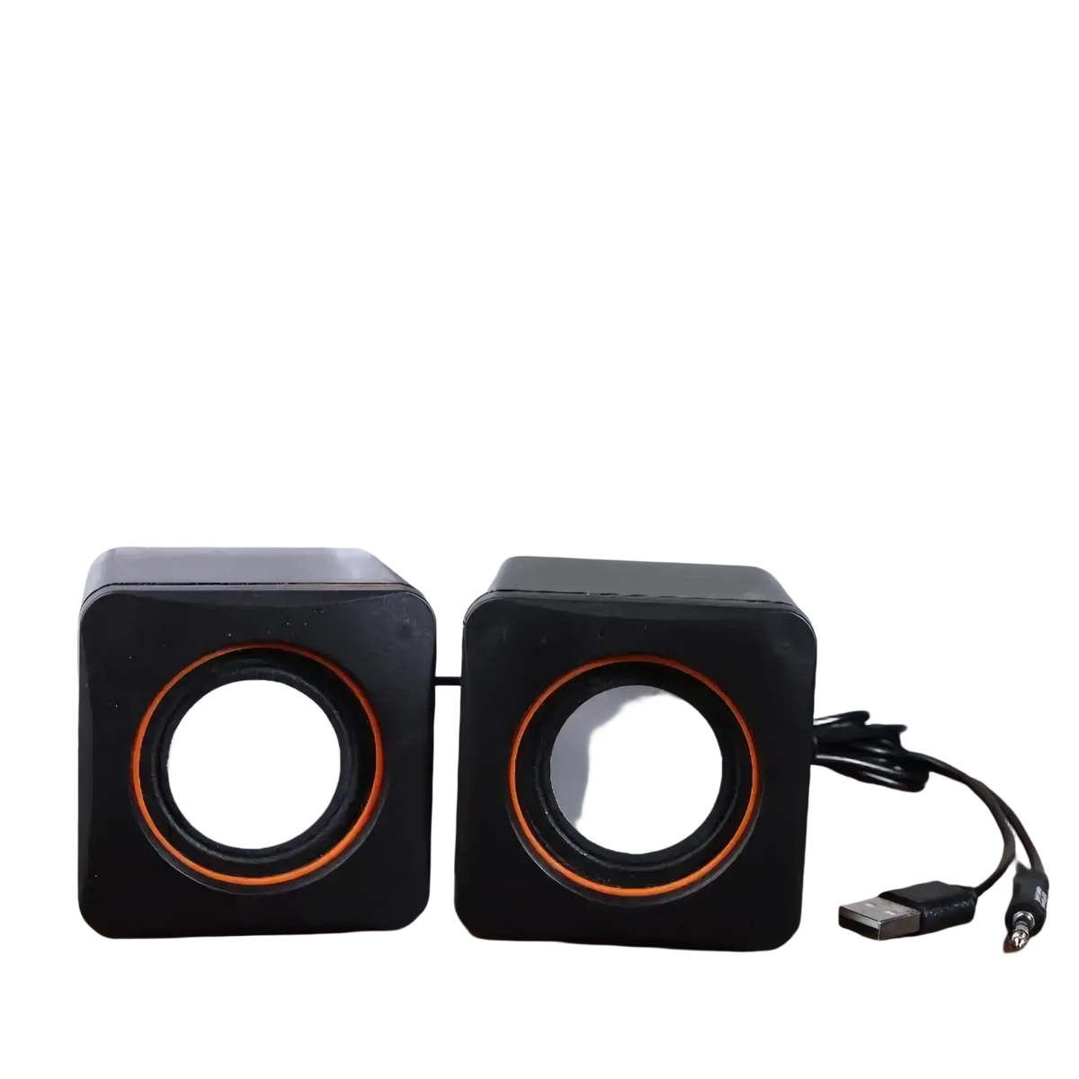 Usb computer speakers led stereo desktop pc audio black cube-shaped with orange-accented circular drivers and usb cable