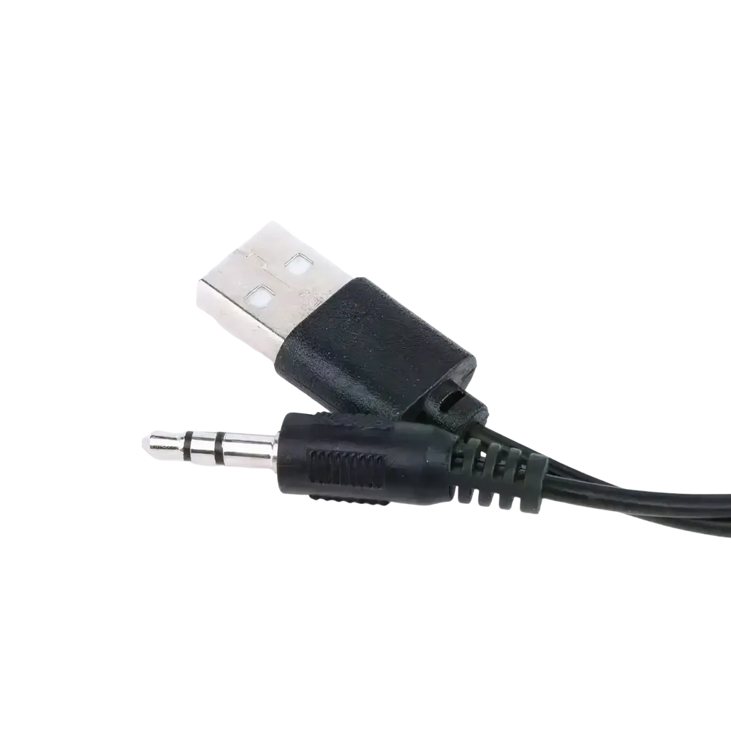 Black USB computer speakers with microphone featuring a USB to 3.5mm audio adapter cable with metallic connector and textured plastic housing