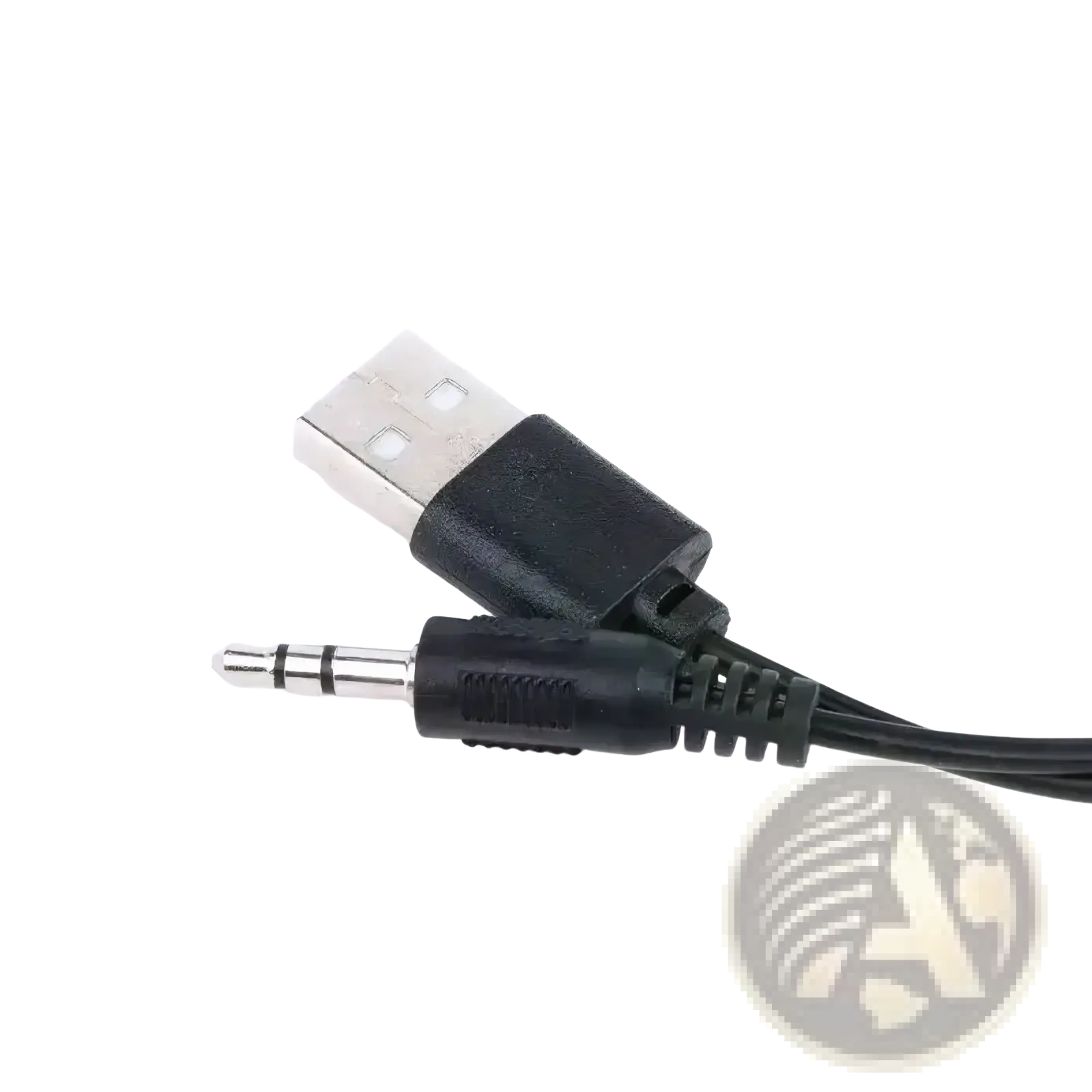 Black USB computer speakers with microphone featuring a USB to 3.5mm audio adapter cable with metallic connector and textured plastic housing