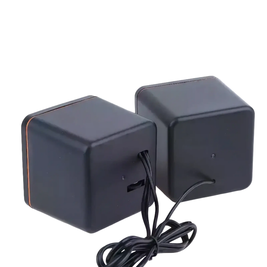Usb computer speakers with microphone in black matte finish and copper trim featuring cube-shaped desktop design