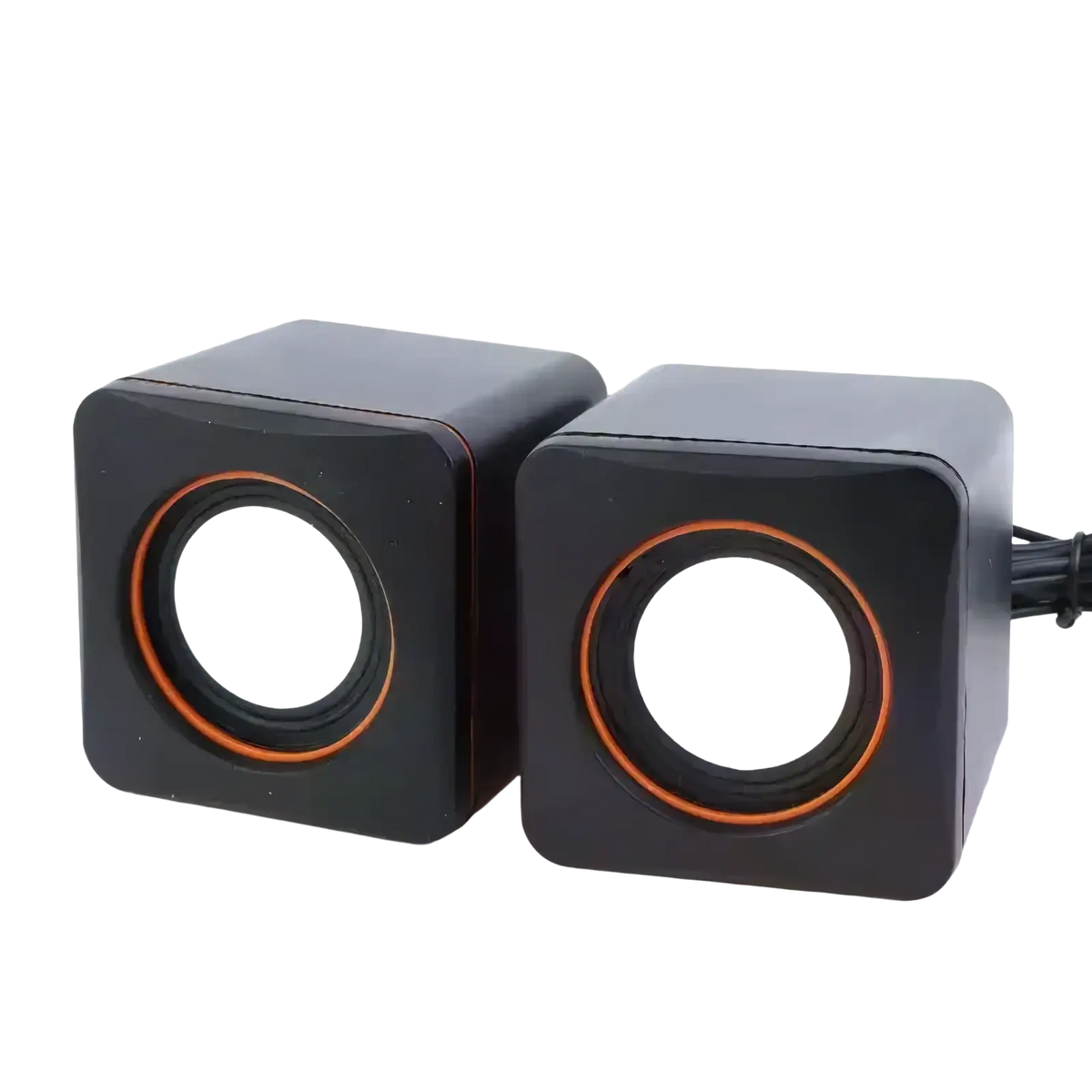 Black cube-shaped usb computer speakers with orange-rimmed circular drivers and built-in microphone for desktop use