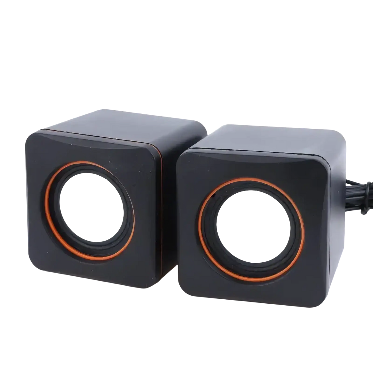 Black cube-shaped usb computer speakers with orange-rimmed drivers and built-in microphone for desktop use