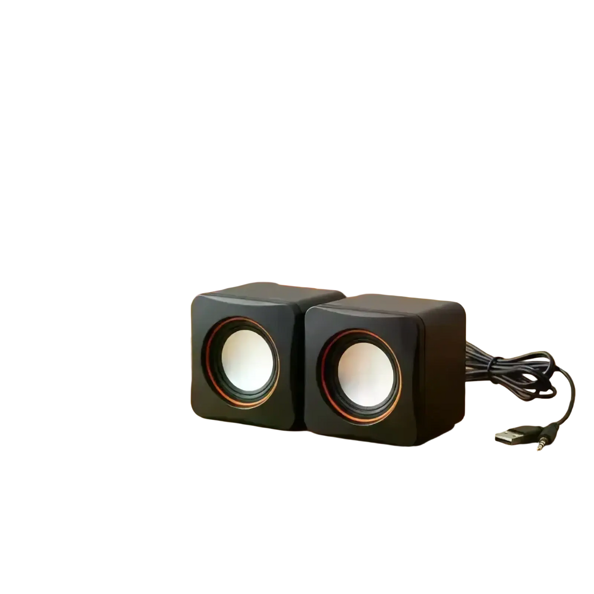 Usb computer speakers with microphone black cube shaped with white drivers and orange trim for desktop use