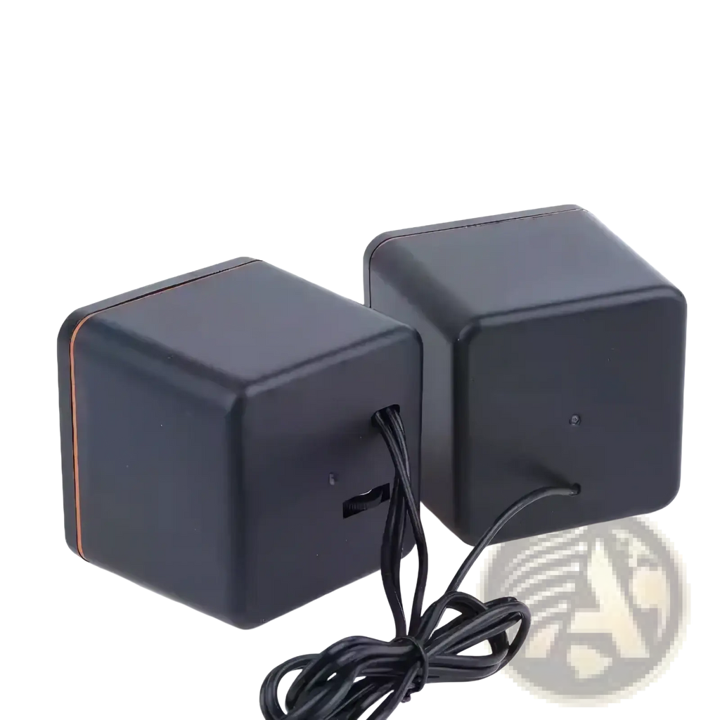 Usb computer speakers with microphone in black matte finish and copper trim featuring cube-shaped desktop design