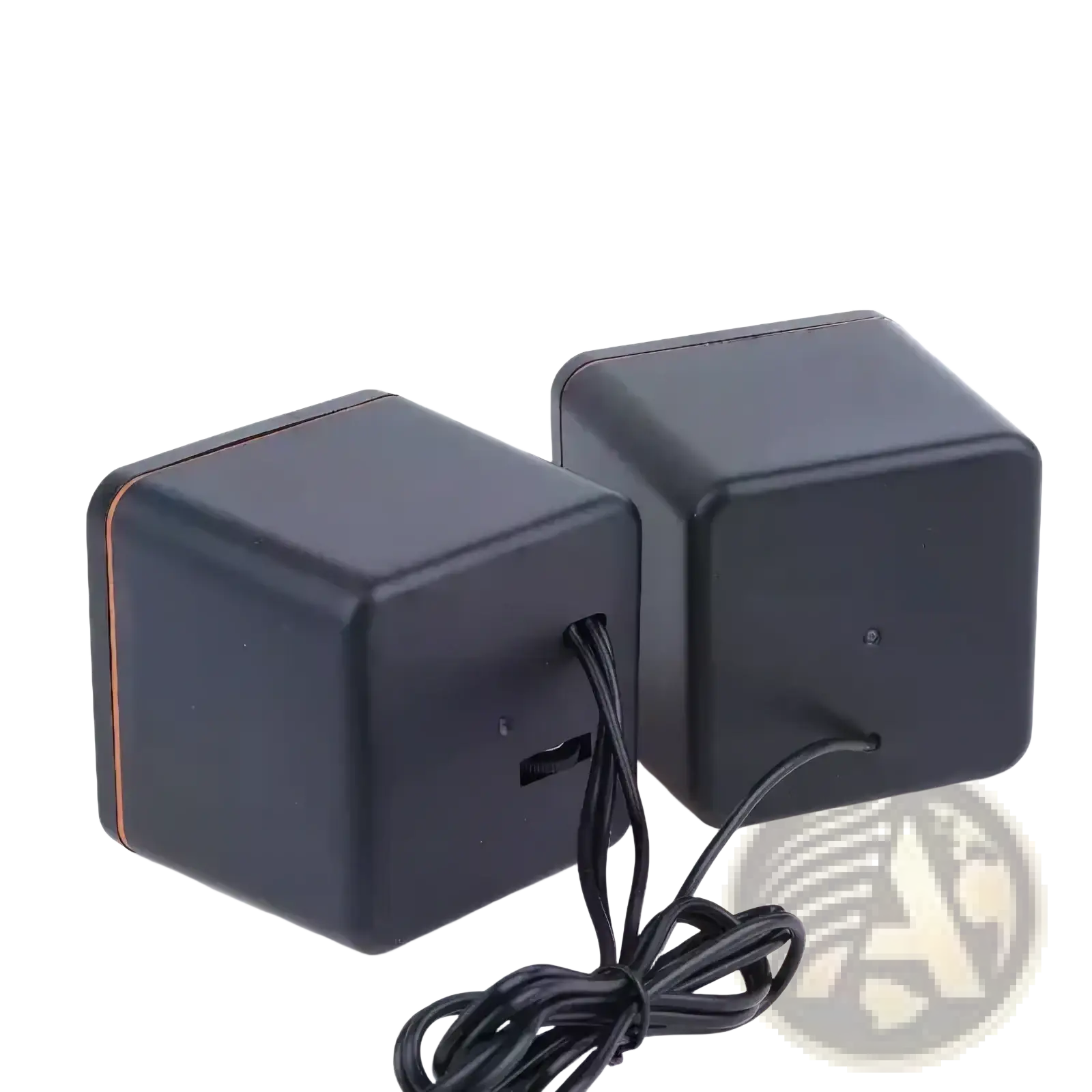 Usb computer speakers with microphone in black matte finish and copper trim featuring cube-shaped desktop design