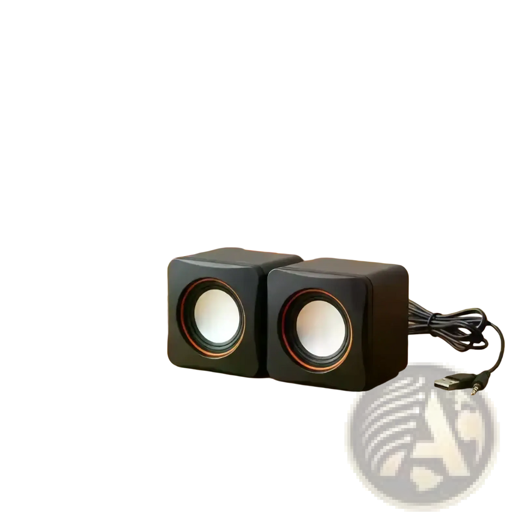 Usb computer speakers with microphone black cube shaped with white drivers and orange trim for desktop use