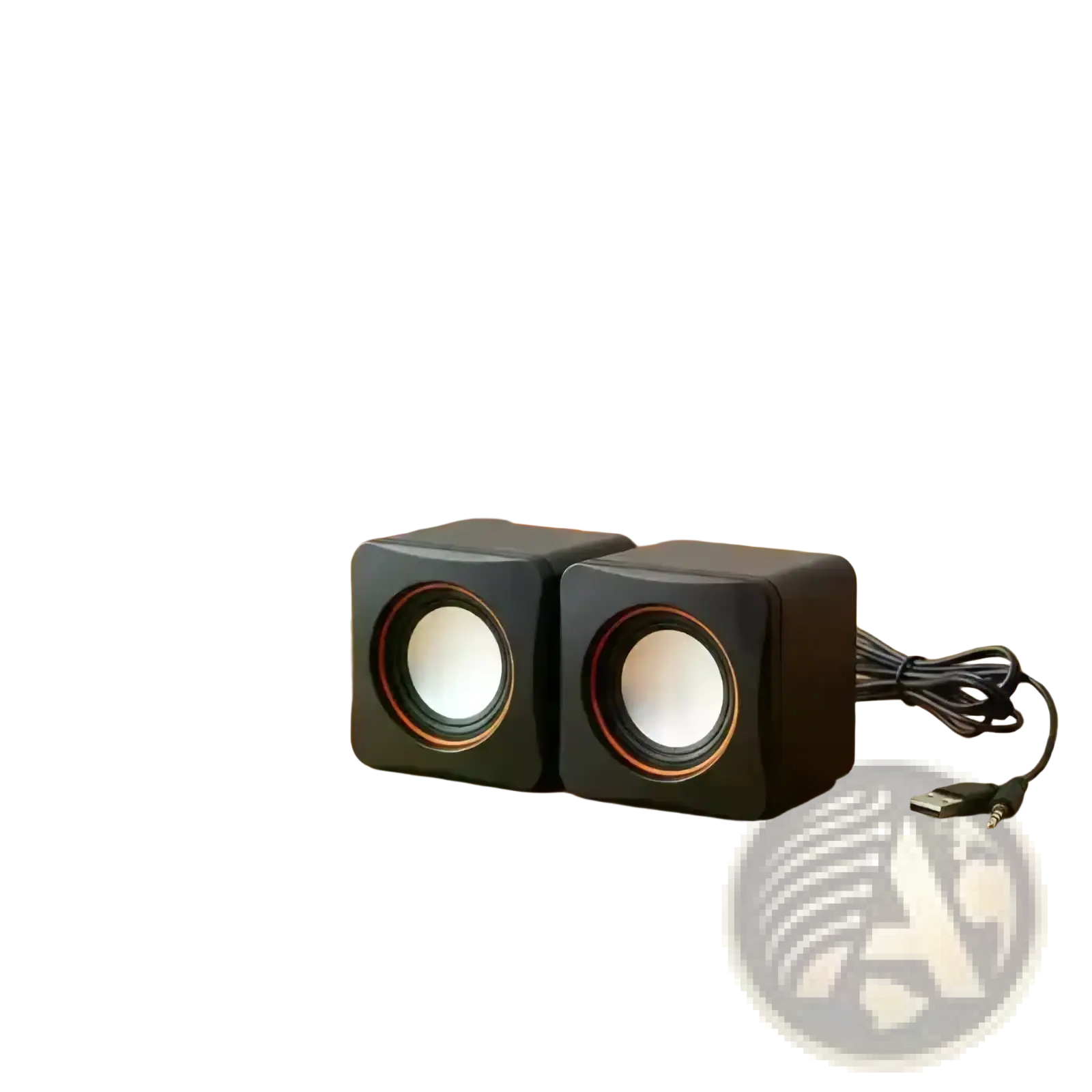 Usb computer speakers with microphone black cube shaped with white drivers and orange trim for desktop use