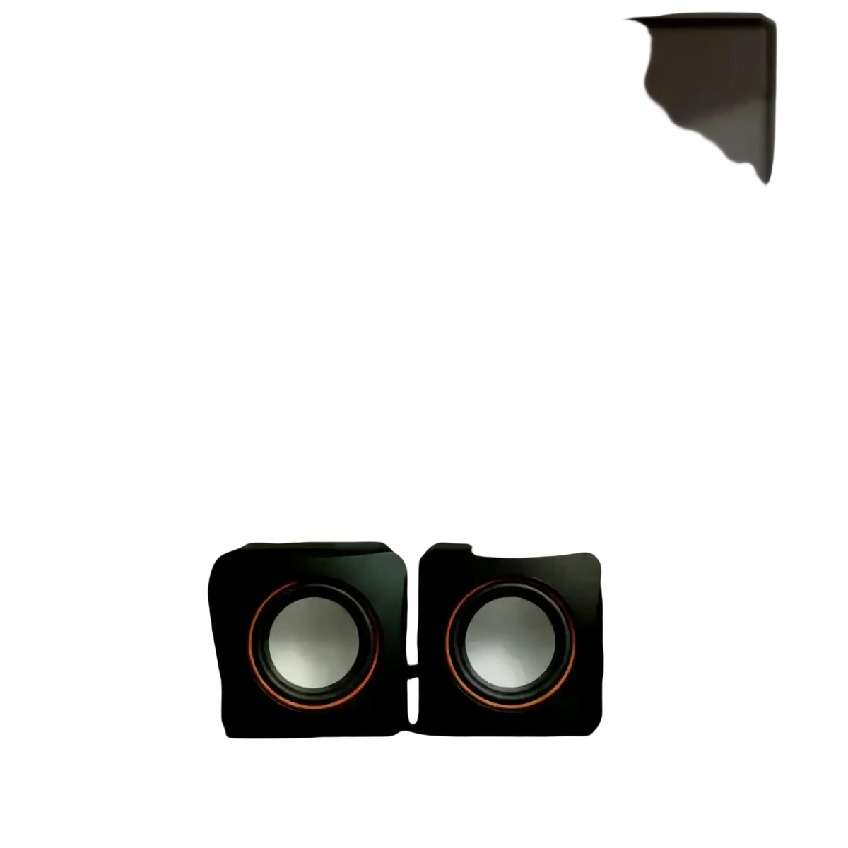 Black usb computer speakers with orange-accented circular drivers and built-in microphone for desktop use