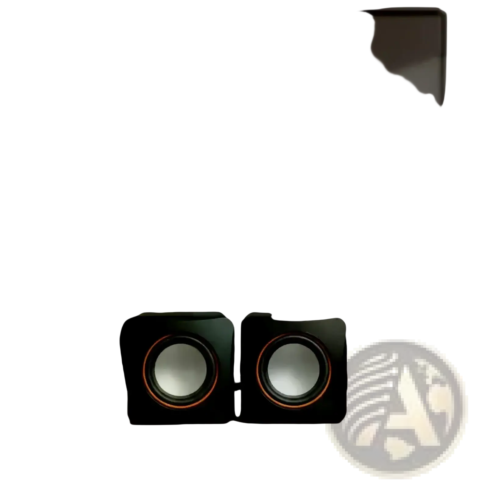 Black usb computer speakers with orange-accented circular drivers and built-in microphone for desktop use