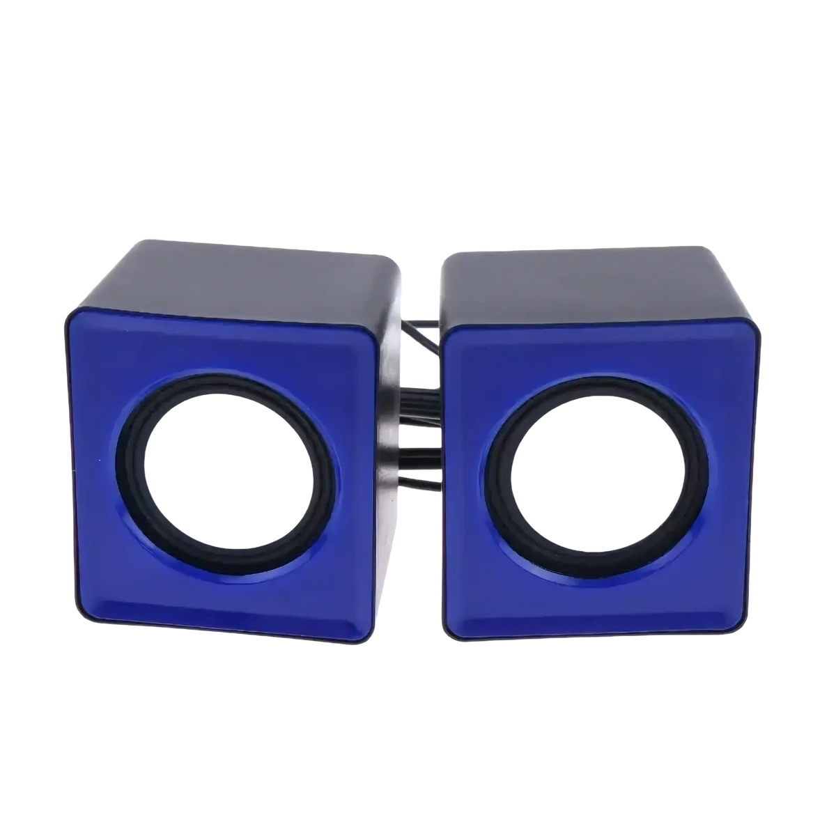 Usb computer speakers with microphone featuring blue cube-shaped design, black circular drivers, and connecting cable