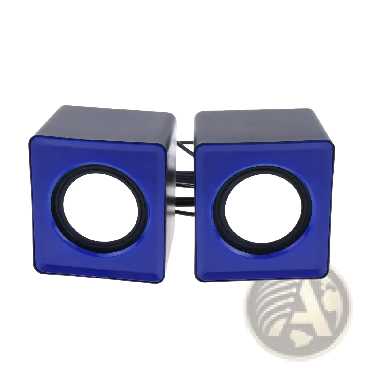 Usb computer speakers with microphone featuring blue cube-shaped design, black circular drivers, and connecting cable