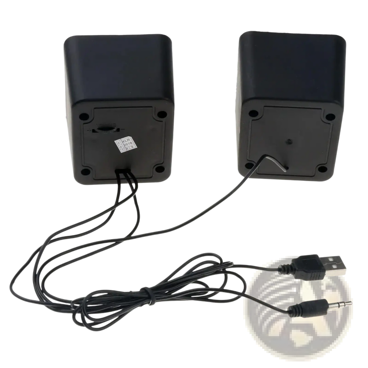Black rectangular usb computer speakers with 3.5mm audio cable for stereo desktop mini sound system connectivity