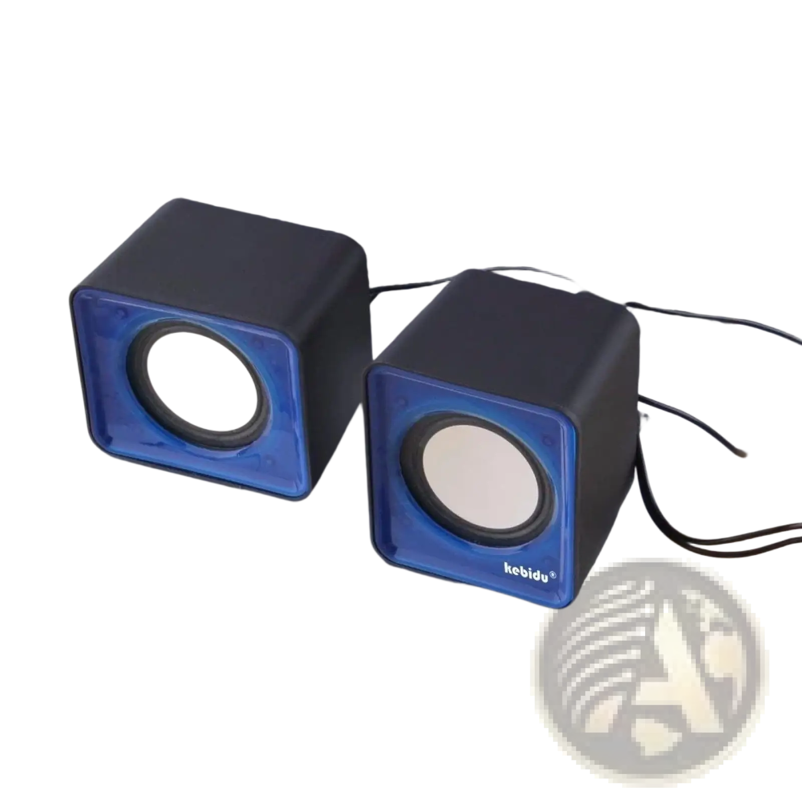 Black and blue usb computer stereo desktop mini speakers with square design and kebidu branding on one unit