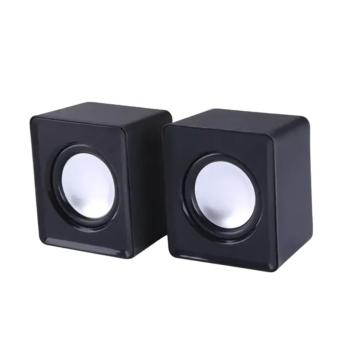 Black cube-shaped usb computer speakers with white circular drivers stereo desktop mini sound system