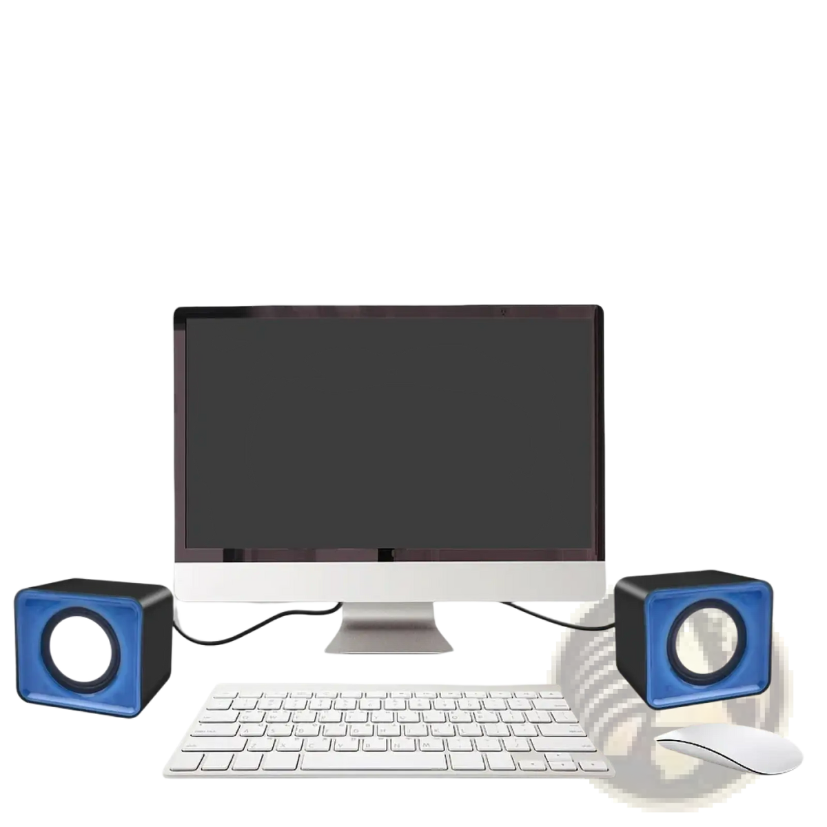 Usb computer speakers stereo desktop mini sound system with blue and black cube-shaped design and white circular drivers