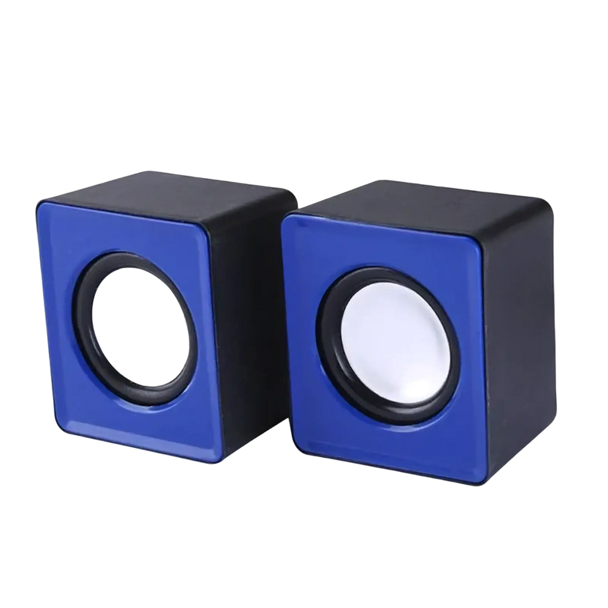 Blue and black cube-shaped usb computer speakers with circular white drivers stereo desktop mini sound system
