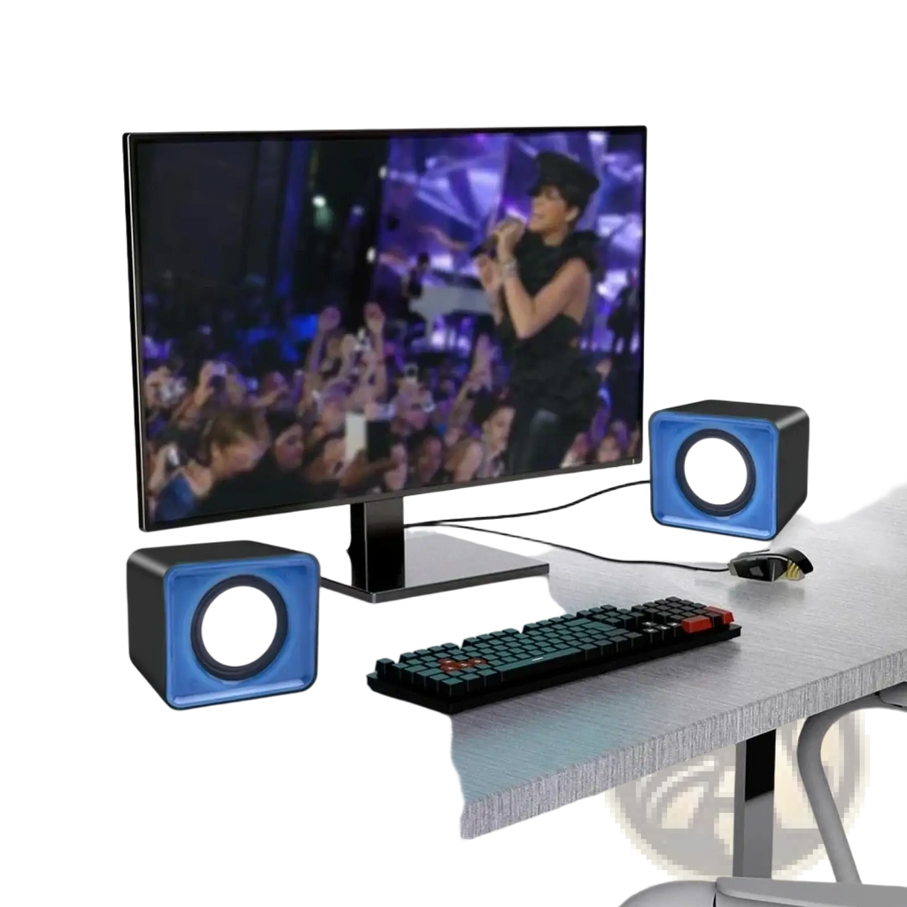 Usb computer speakers stereo desktop mini sound system with blue and black cube design and circular white drivers