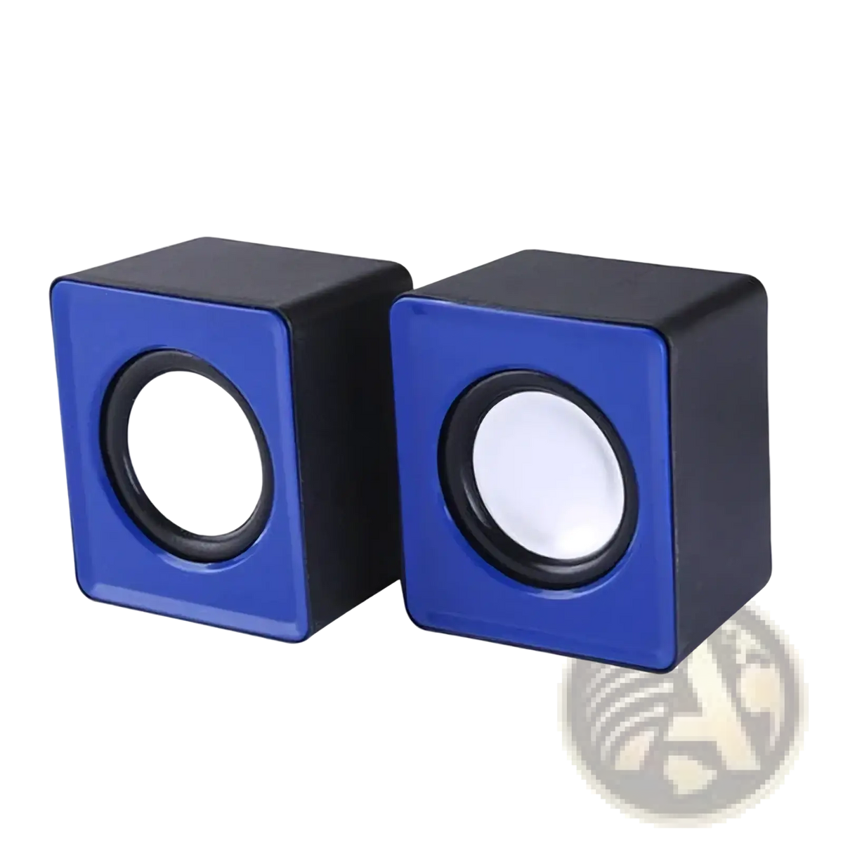 Blue and black cube-shaped usb computer speakers with circular white drivers stereo desktop mini sound system