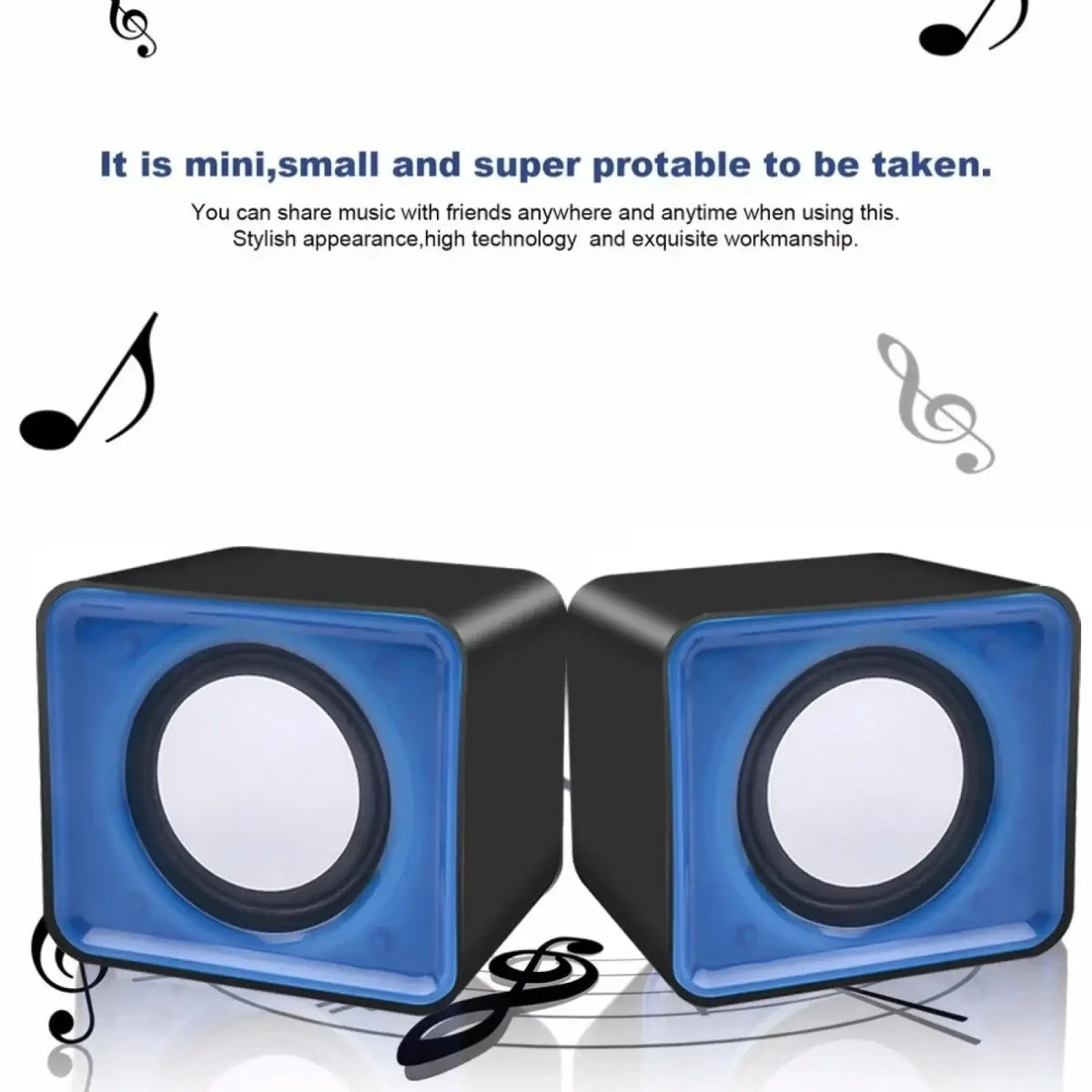A pair of compact blue and black glossy usb computer stereo desktop mini speakers for clear sound systems