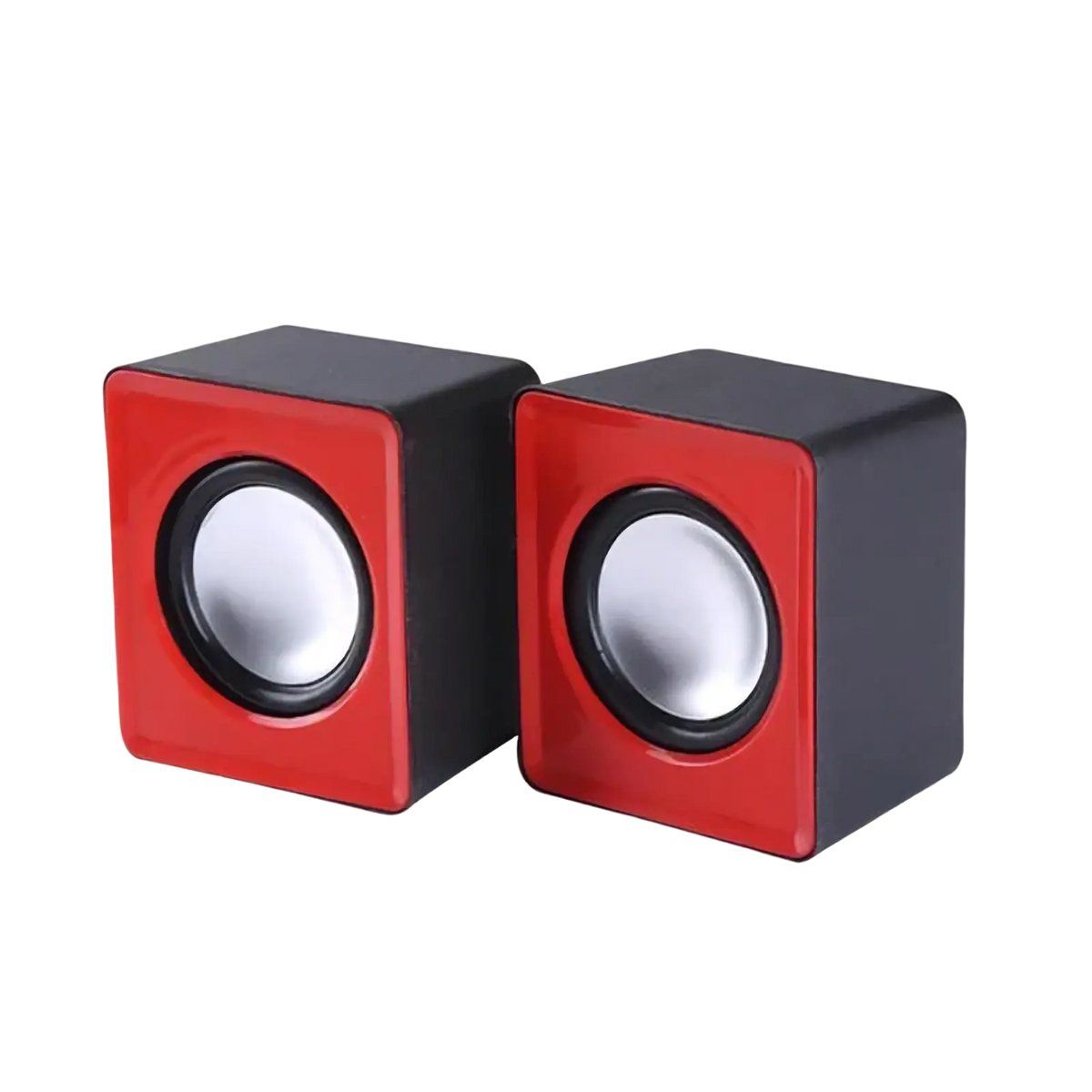 Usb computer speakers stereo desktop mini sound system in red and black cube shape with circular silver drivers