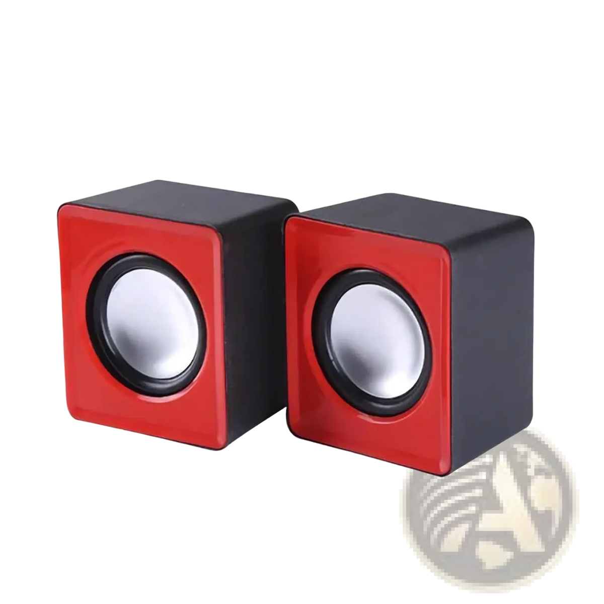 Usb computer speakers stereo desktop mini sound system in red and black cube shape with circular silver drivers