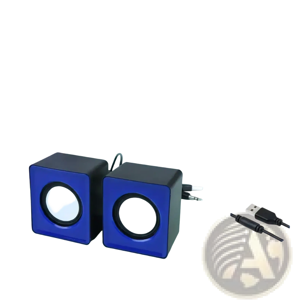 Usb desktop speakers in blue and black with a robust abs shell for stereo audio computer system use