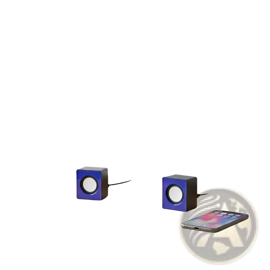 Pair of vibrant blue cube-shaped usb desktop speakers with black grilles and silver accents for stereo audio systems