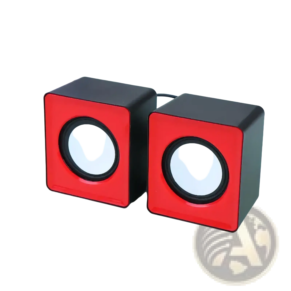 Usb desktop speakers stereo audio computer system in red and black cube shape with white circular driver on front