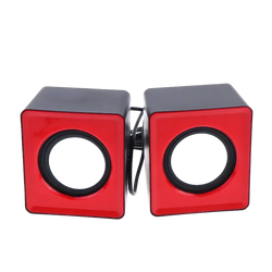 Usb desktop speakers stereo audio computer system with red and black cube-shaped design and circular white drivers