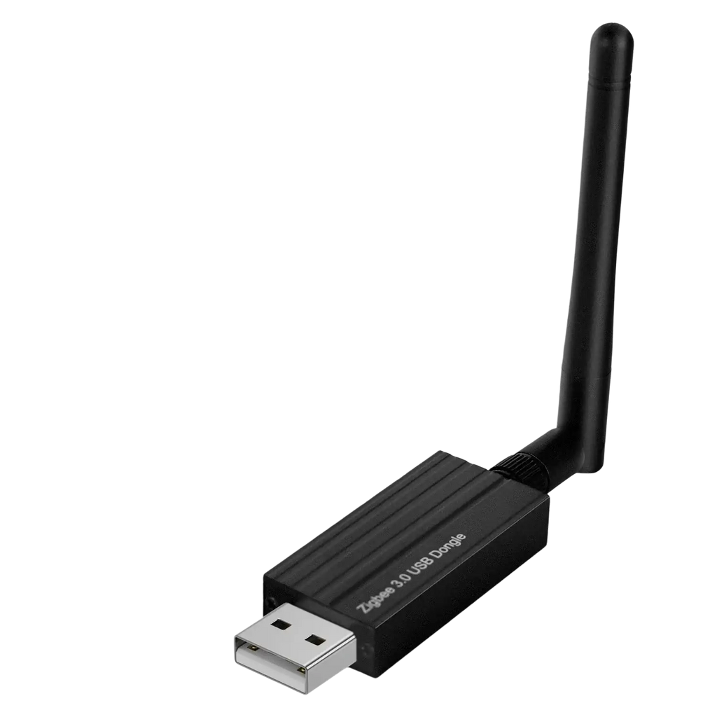 Black usb dongle plus zigbee 3.0 with silver usb connector and external antenna for home assistant use