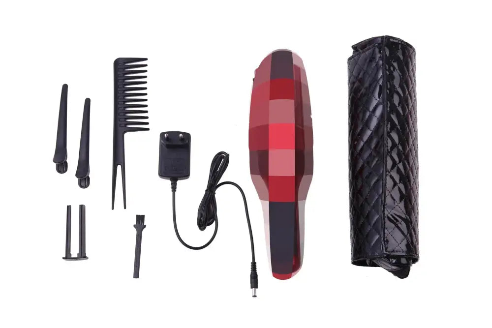 Professional cordless red and black geometric electric hair clipper with quilted black carrying travel case