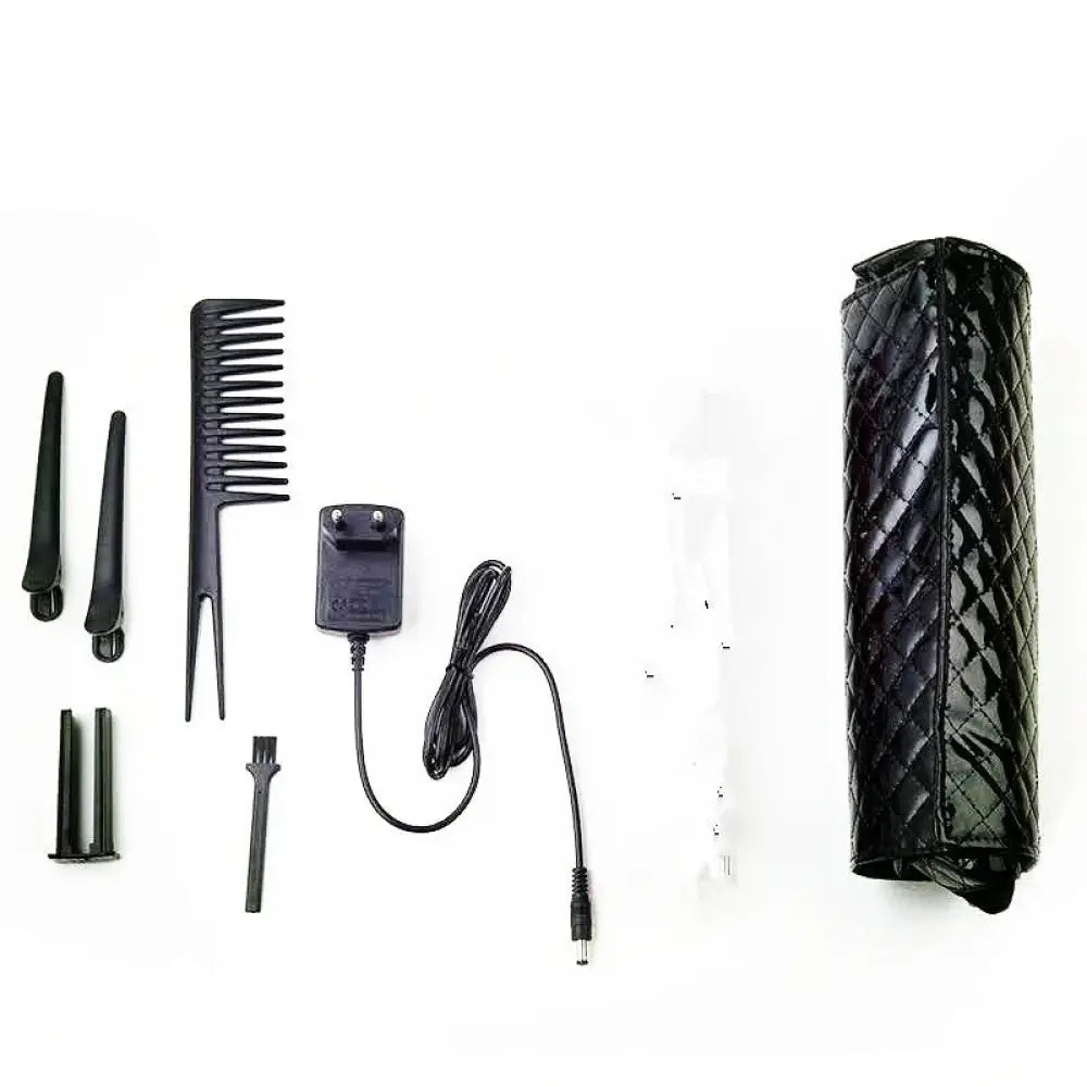 Black quilted leather travel case for professional cordless hair clipper designed for convenient styling tool storage