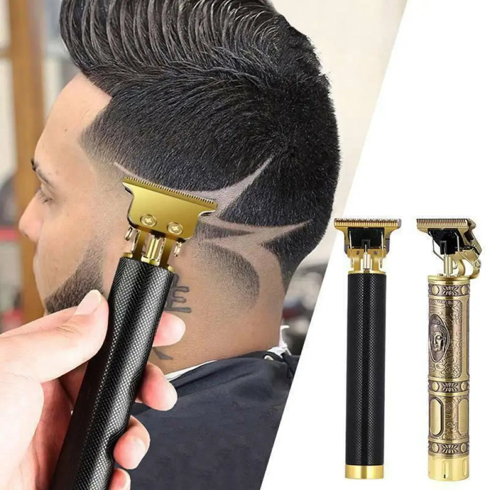 Ornate gold cordless professional beard and hair trimmer with black textured grip handle and electric precision design