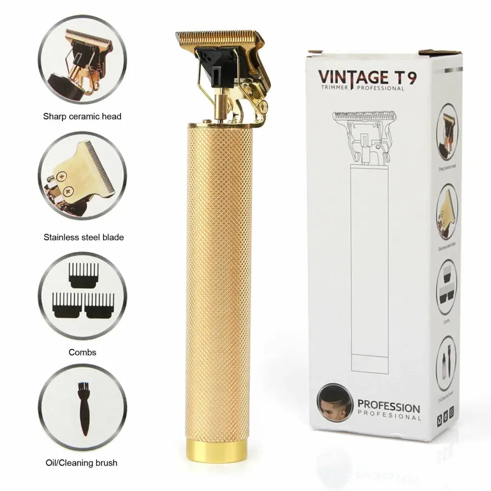 Ornate gold cordless professional beard and hair trimmer with textured body ceramic head and stainless steel blade