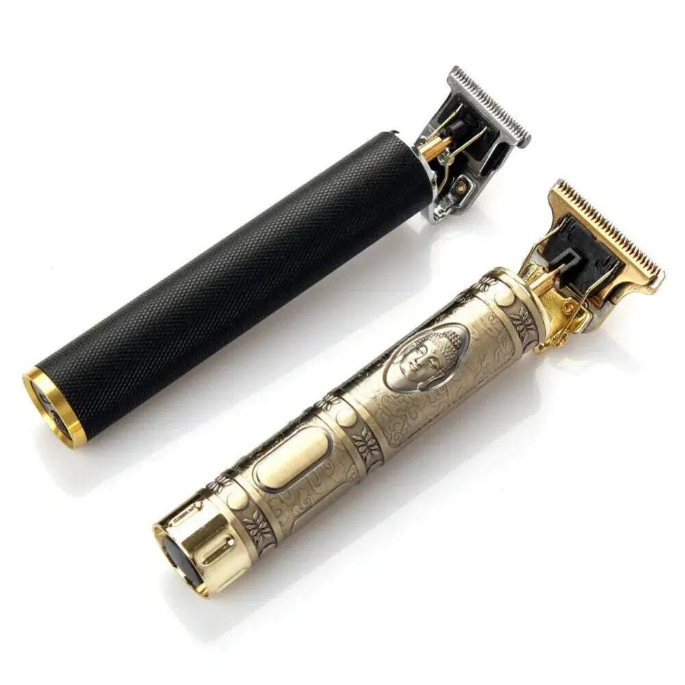 Ornate gold cordless professional beard and hair trimmer with gold-plated buddha face and floral engraved handle