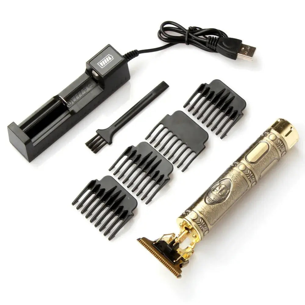 Ornate gold cordless professional beard and hair trimmer with gold-plated engraved skull design and usb charging base
