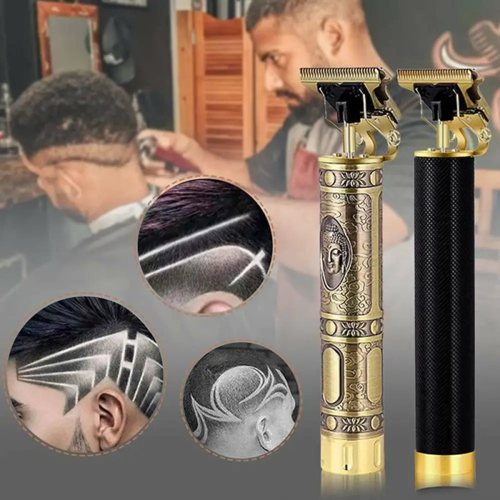 Ornate gold cordless professional beard and hair trimmer with black accents and buddha-themed engraving on handle