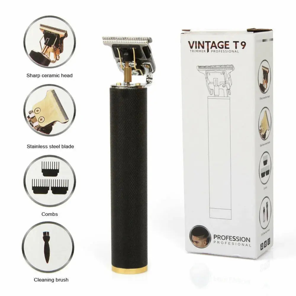 Ornate gold cordless professional beard and hair trimmer in black and gold with sharp ceramic head and stainless steel blade