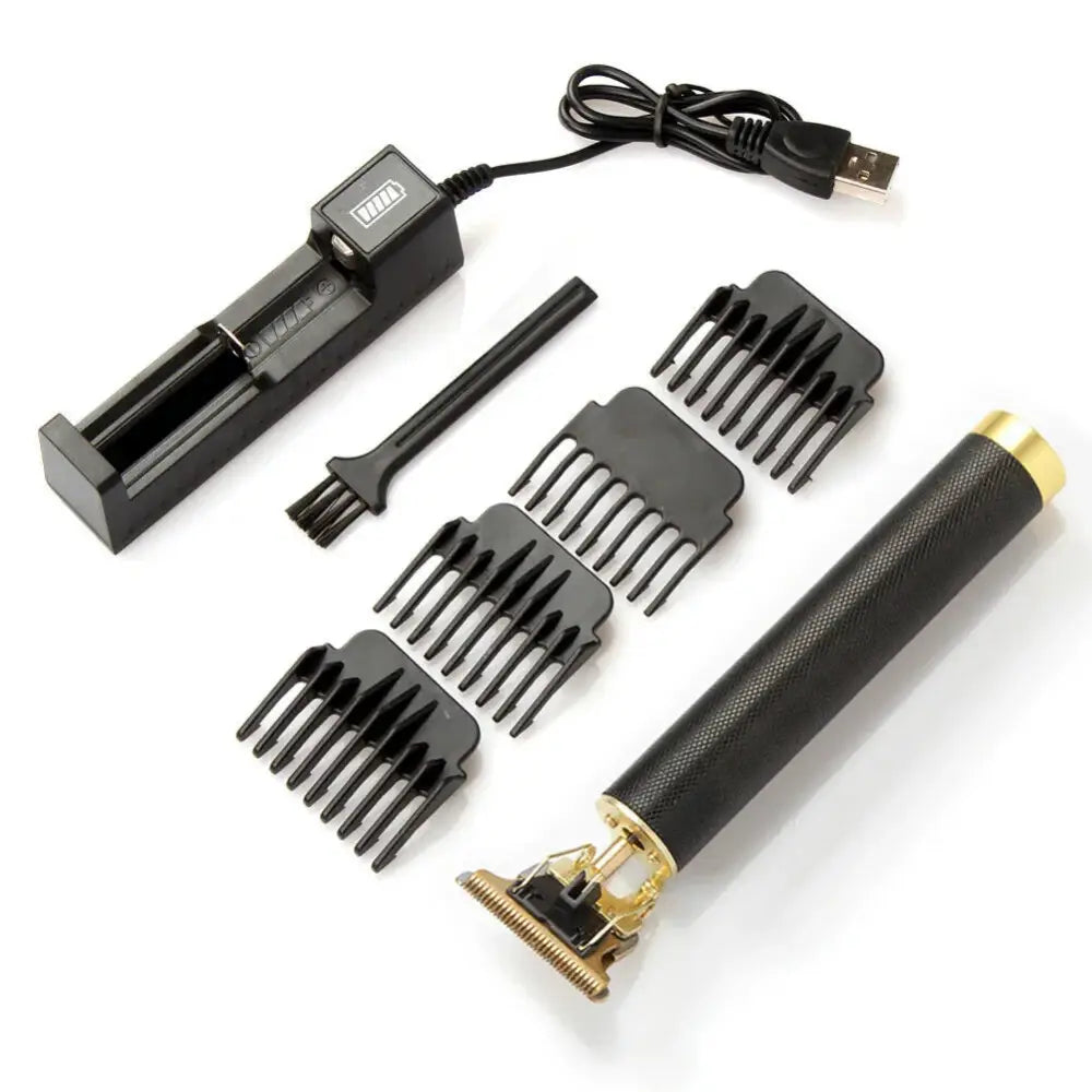 Black and gold cordless electric hair trimmer with textured grip handle for professional beard and hair grooming