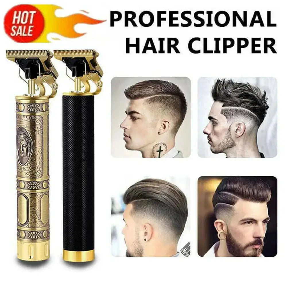 Ornate gold cordless professional beard and hair trimmer with intricate engravings and black textured grip