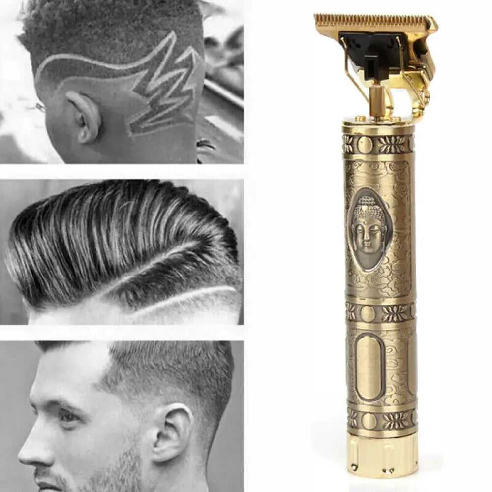 Ornate gold cordless professional beard and hair trimmer with buddha face and floral engraved design