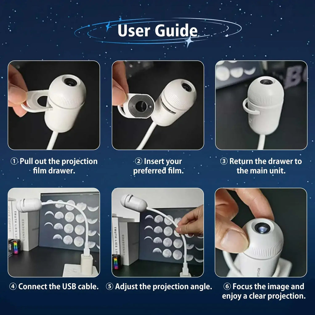 White usb galaxy projector light with rounded top and textured grip designed as a home night light and projector light