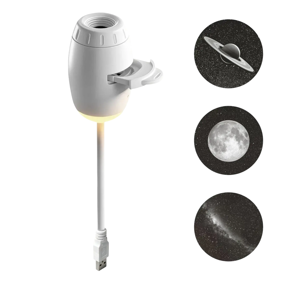 White usb galaxy projector light and night light with a sleek cylindrical body and detachable cap projecting celestial images