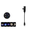 Black usb galaxy projector with circular base featuring moon and planet designs and replaceable projection discs projecting cosmic scenes