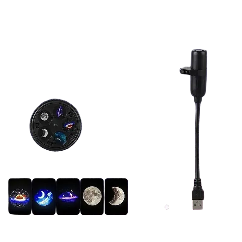 Black usb galaxy projector with circular base featuring moon and planet designs and replaceable projection discs projecting cosmic scenes