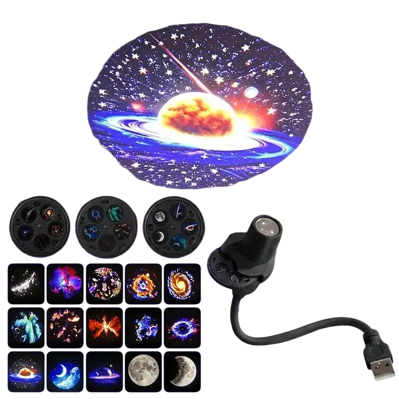 Black usb galaxy projector with replaceable projection discs casting a vibrant colorful galaxy scene on the wall