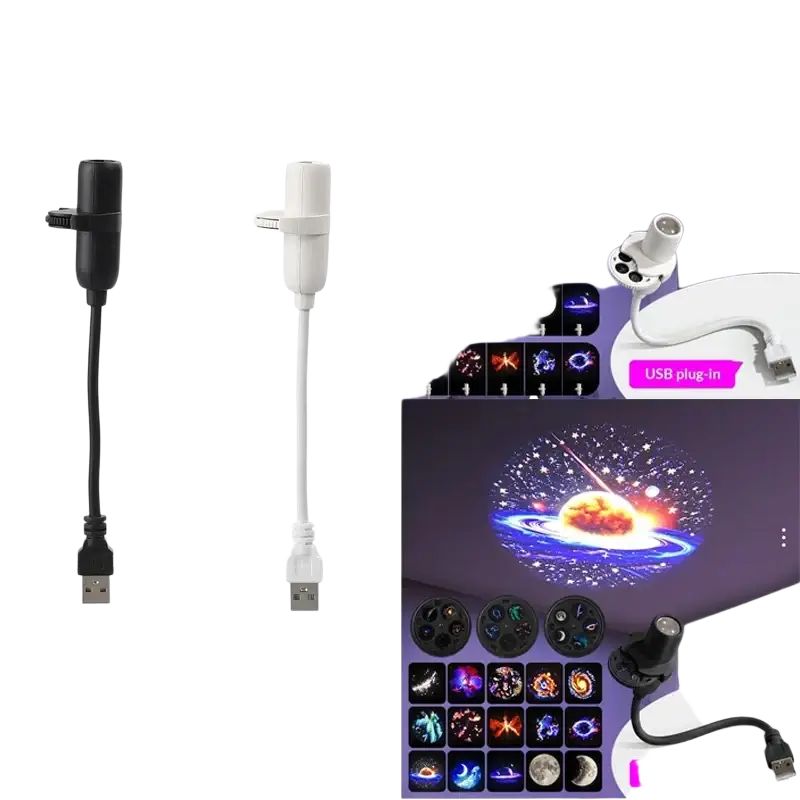 Usb galaxy projector with replaceable projection discs featuring usb-powered starry sky spotlight and black clip design