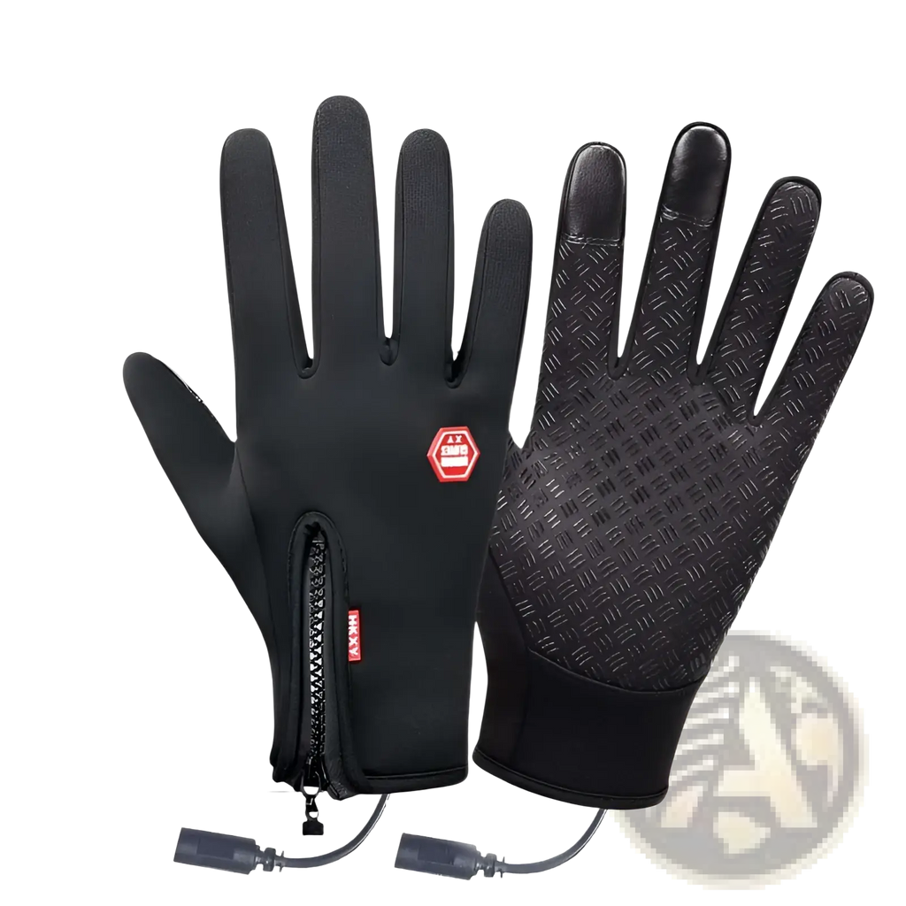 Black usb heated cycling gloves with touchscreen windproof design textured grip and red logo patch with charging cable