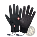 Black usb heated cycling gloves with touchscreen windproof design textured grip and red logo patch with charging cable