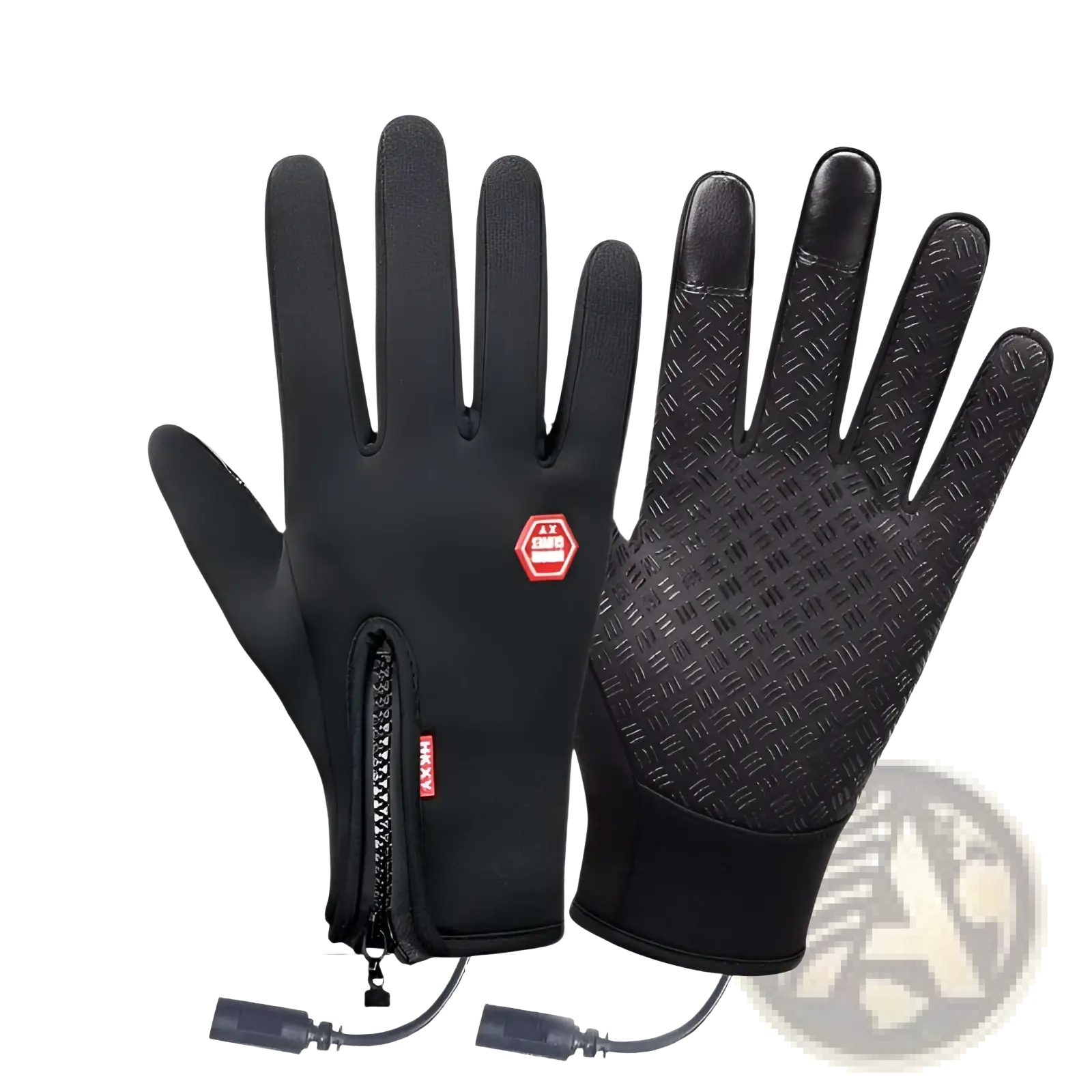 Black usb heated cycling gloves with touchscreen windproof design textured grip and red logo patch with charging cable